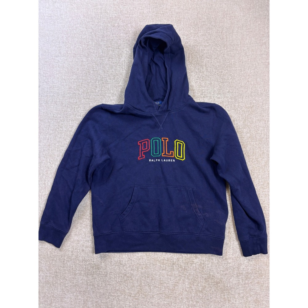 Polo Ralph Lauren Kids Navy Blue Multi Color Logo Hoodie Size L 14-16